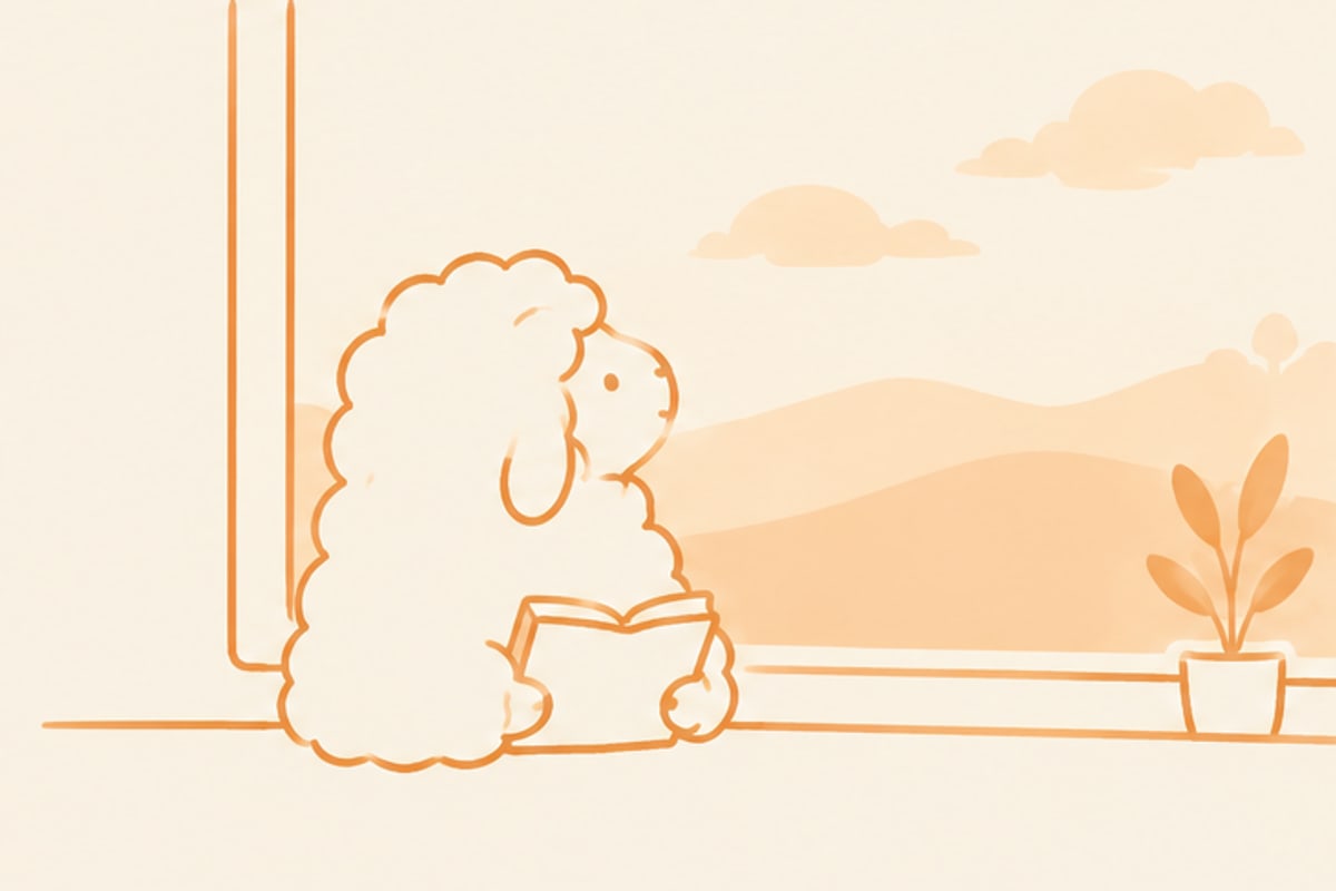 窓辺で本を手に、外の丘をながめる羊のイラスト