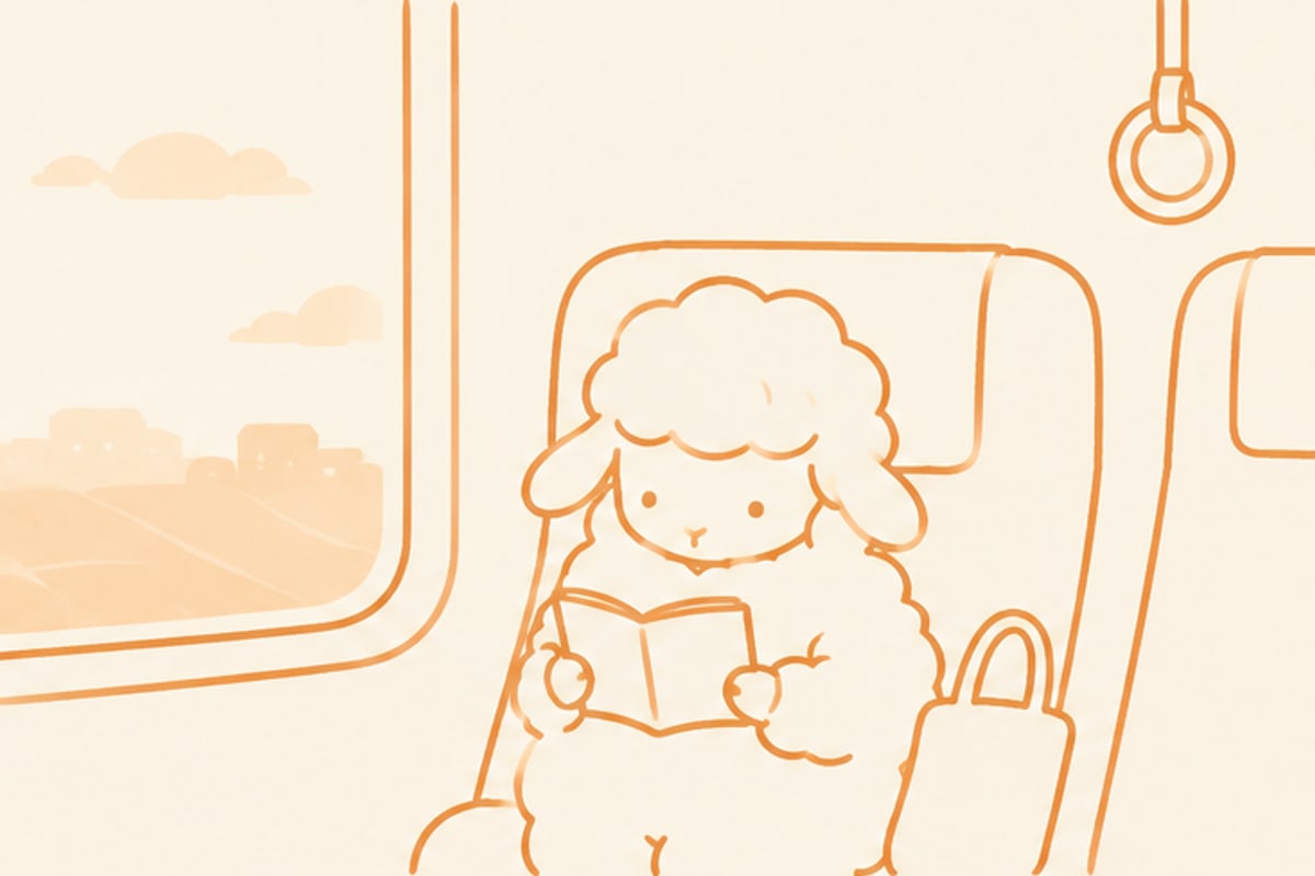 電車の座席で、開いた本を読む羊のイラスト