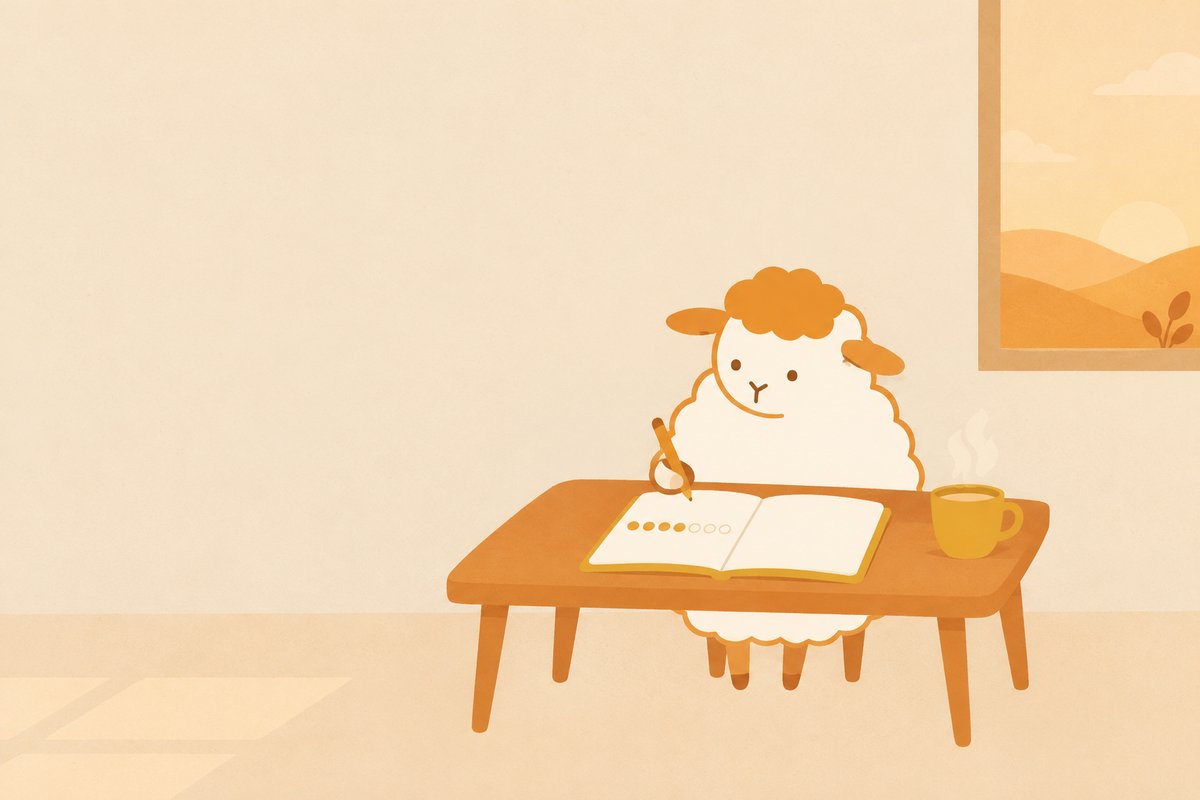 小さな机でノートを開き、塗った丸と空の丸の列をペンを持って眺める羊のイラスト