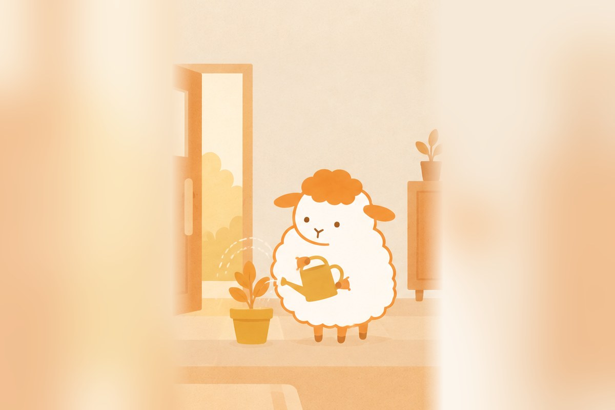 開いた扉のそばで、植木鉢にじょうろで水をやる羊のイラスト