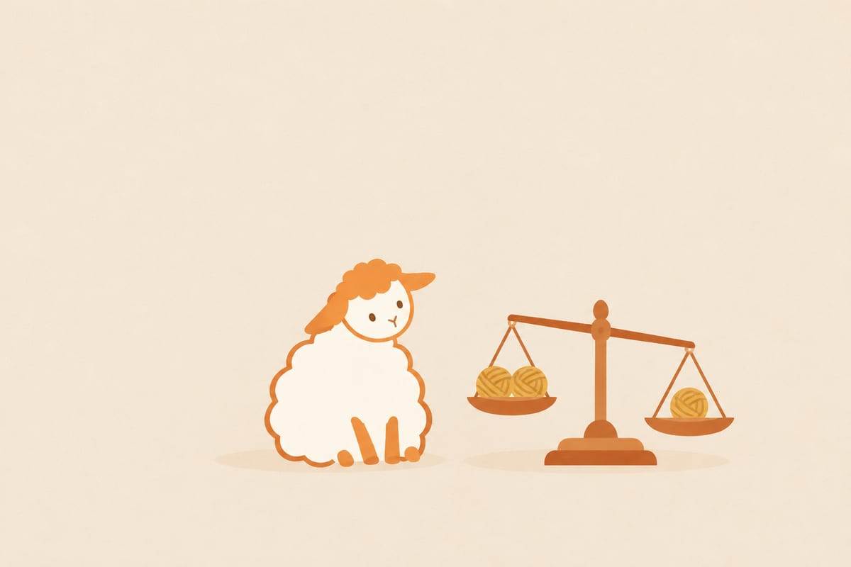 毛糸玉をのせて少し傾いた天秤を、横に座って見つめる羊のイラスト