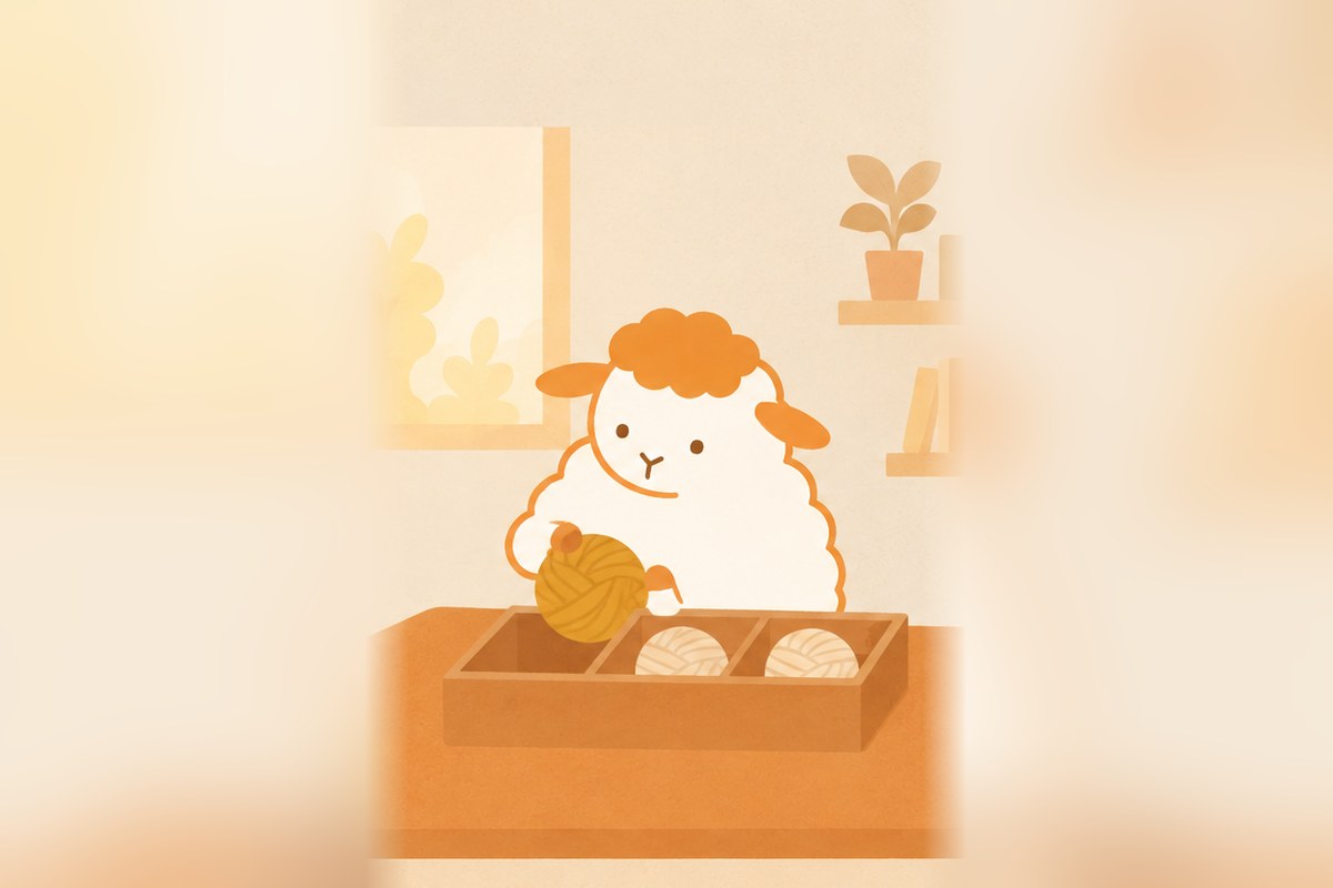 3つに仕切った木の箱に、毛糸玉を1つずつ分けて入れる羊のイラスト