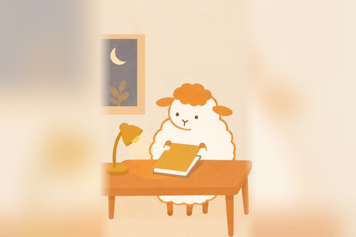 夜、机のあかりのそばで、ノートを閉じる羊のイラスト