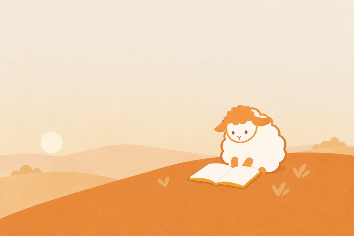 丘の上で、まだ何も書いていない帳面を開いて、そばに座る羊のイラスト
