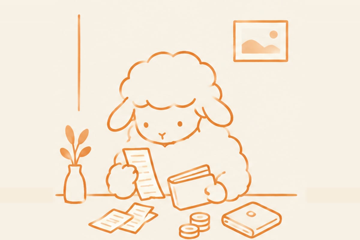 片手に財布を持ち、もう片方の手でレシートを読む羊のイラスト