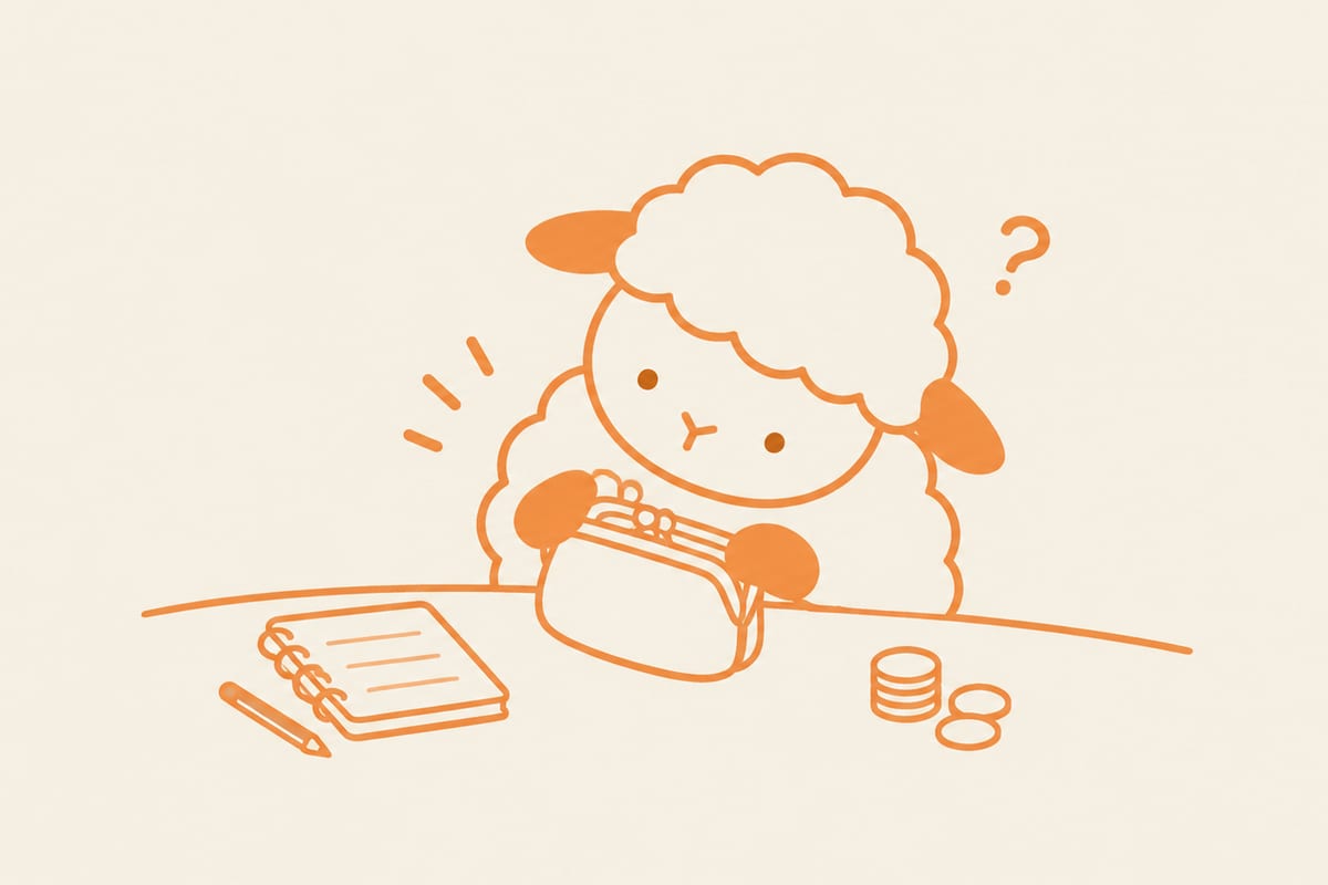 財布をのぞいて首をかしげる羊のイラスト