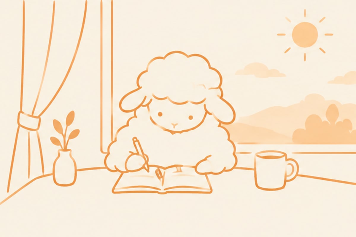 朝の窓辺の机で、開いたノートにペンで書きこむ羊のイラスト