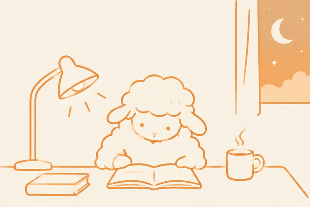 夜の机でスタンドの灯りをつけ、ノートを開いて書いている羊のイラスト