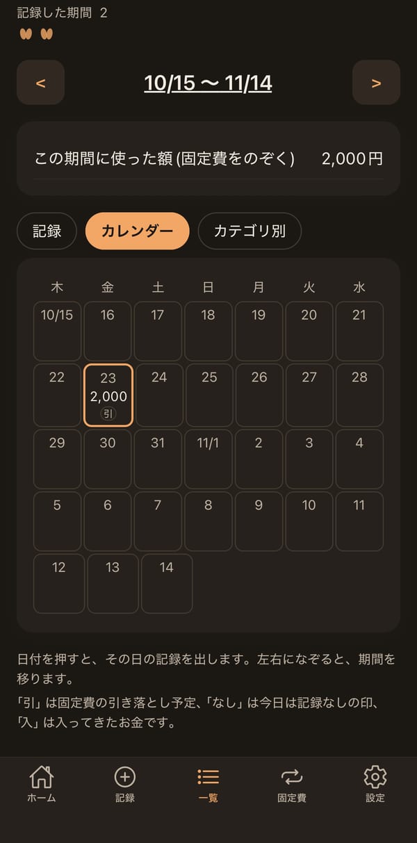 カレンダーの画面。期間の日付が並び、使った額と引き落とし予定の印が出る(金額は例)